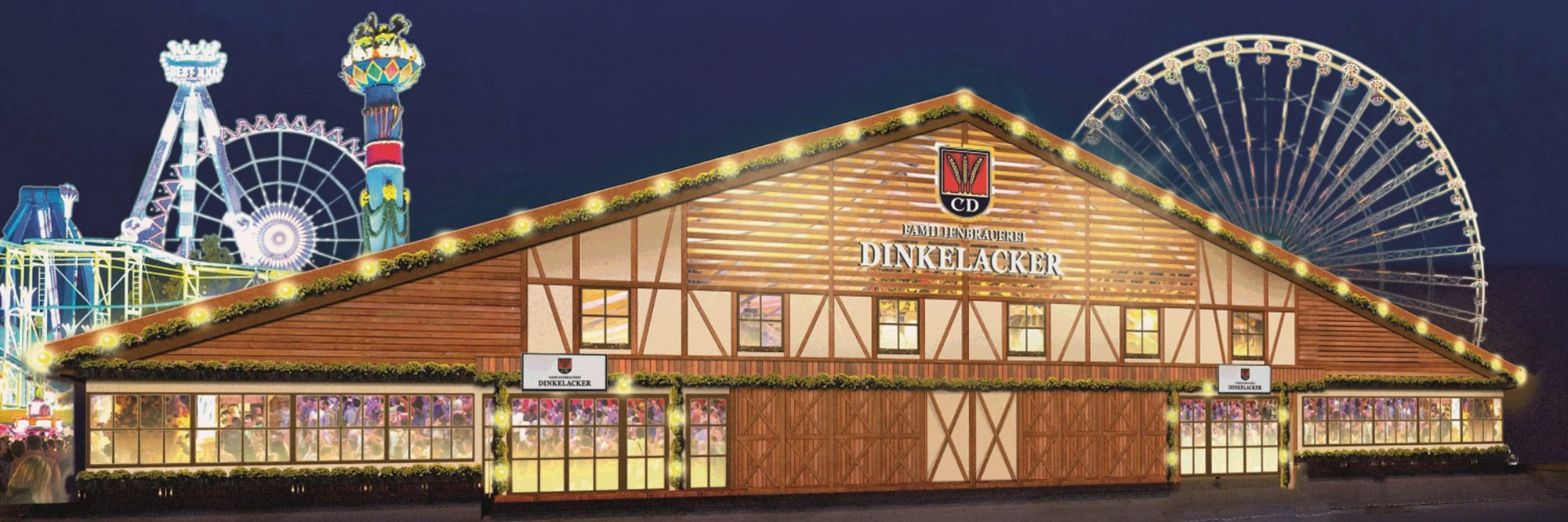 Das Weller's Klauss und Klauss Dinkelacker Festzelt in der Frontal-Ansicht bei Dunkelheit